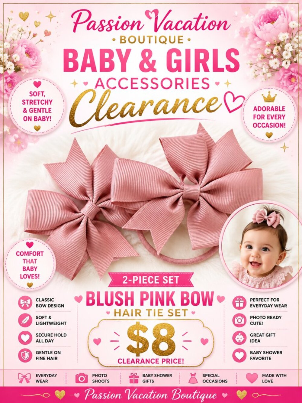 2-Piece Girls Blush Pink Grosgrain Bow Hair Tie Set | Baby Hair Accessories